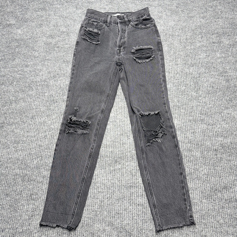 PacSun Ultra High Rise Slim Straight Jeans Womens 23 Gray Charcoal Distressed